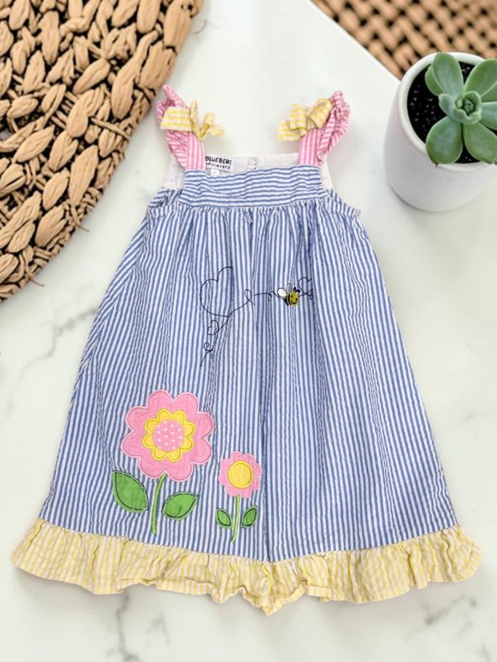 Blueberi Boulevard Girls Size 4T Seersucker Applique Sundress - Picture 2 of 10
